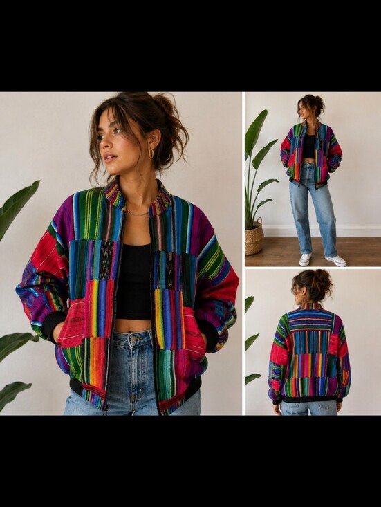 Vintage Jackets & Blazers - Vintage Handmade Guatemalan Patchwork Bomber Jacket | XL | 100% Cotton | Colorfu